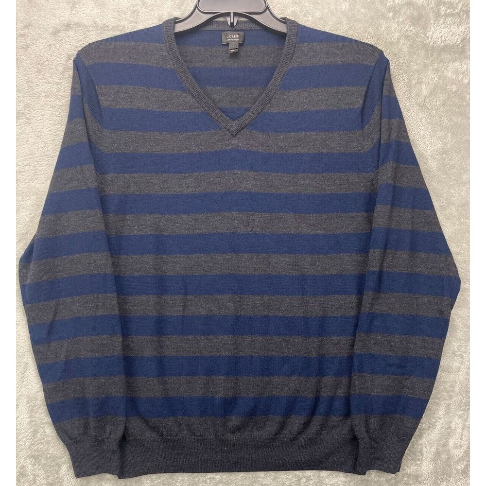 J Crew Men's Pullover Sweater Blue/Gray Striped Sz Large 100% Merino Wool V-Neck